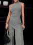 High Elasticity Plain Urban Tight Sleeveless Half Turtleneck Tank Mid-long Top