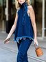 Sleeveless Stand Collar Urban Denim Top
