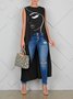 Sleeveless Crew Neck Casual Face Loose Shirt
