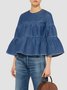 Three Quarter Crew Neck Casual Denim Top