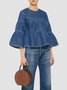 Three Quarter Crew Neck Casual Denim Top