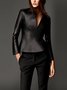 Plain Regular Fit Urban Long Sleeve V Neck Leather Top