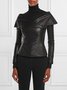 Urban Cross Neck Plain Long Sleeve Leather Top