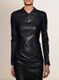 Urban Color Block V Neck PU Leather Dress