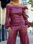 PU Elegant Plain Regular Fit Cold Shoulder Long Sleeve Leather Top
