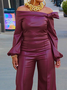 PU Elegant Plain Regular Fit Cold Shoulder Long Sleeve Leather Top