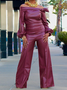 PU Elegant Plain Regular Fit Cold Shoulder Long Sleeve Leather Top