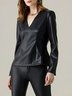 Plain Regular Fit Urban Long Sleeve V Neck Leather Top