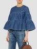 Three Quarter Crew Neck Casual Denim Top