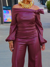 PU Elegant Plain Regular Fit Cold Shoulder Long Sleeve Leather Top
